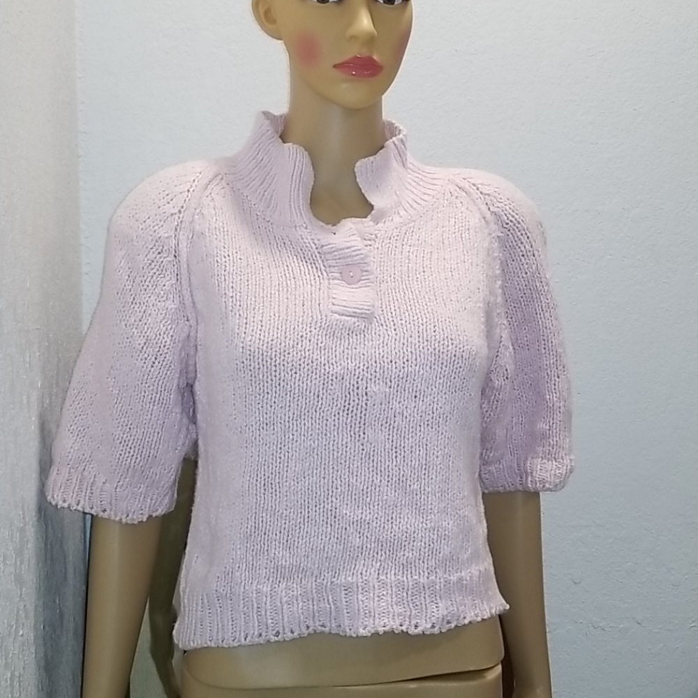True Vintage Jantzen Hand Loomed Pink Short Sleeved Button Sweater Size M